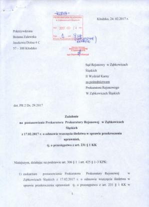 Bożena Zalewska: Prokurator Małgorzata Sałacka dała się okłamywać przez policjantów, zaniedbała obowiązki nie przesłuchując mnie ani nie konfrontując z funkcjonariuszami. Przespała rozprawy i jest bezkarna!