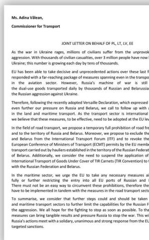 List ministrów ds. transportu Polski, Litwy, Łotwy i Estonii do komisarz UE ds. transportu A. Vălean ws. zakazu wykonywania przewozów towarów z i na terytorium Rosji i Białorusi